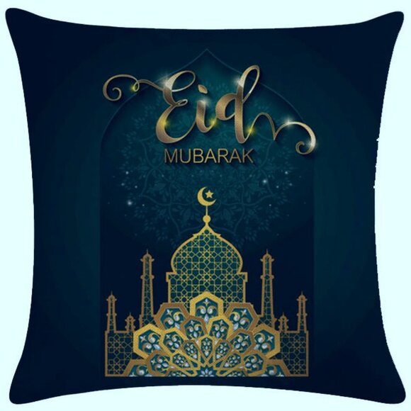 Blue/Green Eid Mubarak Pillow Covers 18x18 Decorative Linen Pillow Covers - Picture 1 of 3